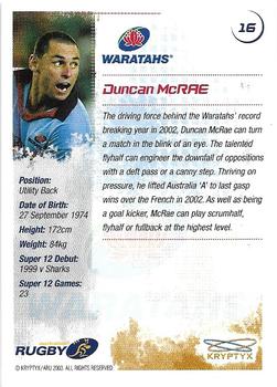 2003 Kryptyx The Defenders Australian Rugby Union #16 Duncan McRae Back